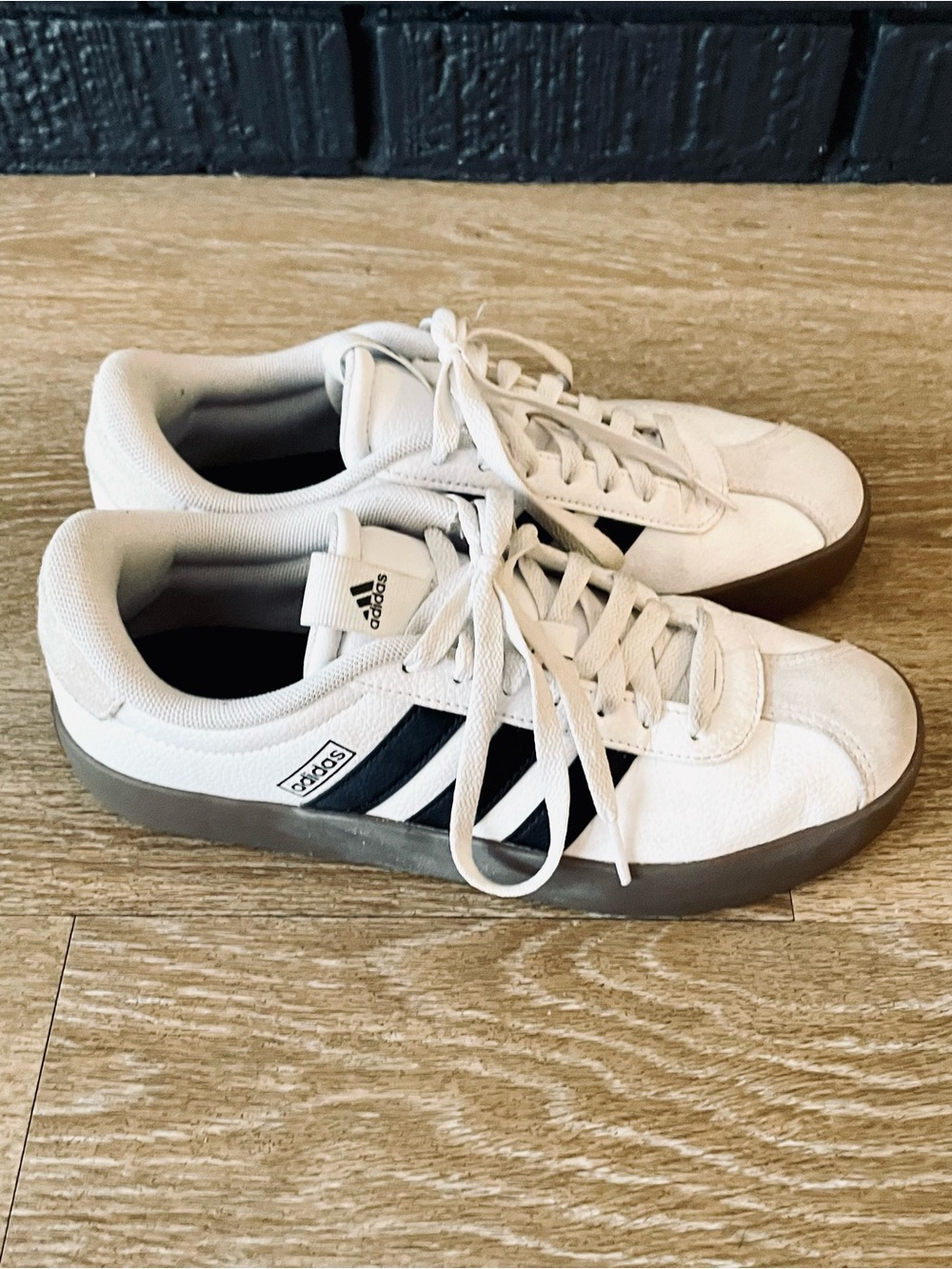 adidas White Sneakers with Black Stripes and Gray Sole